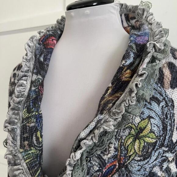 Vintage Alberto Makali Patchwork Sweater Jacket Ruched Ruffle Lace Cardigan sz S - Picture 6 of 10